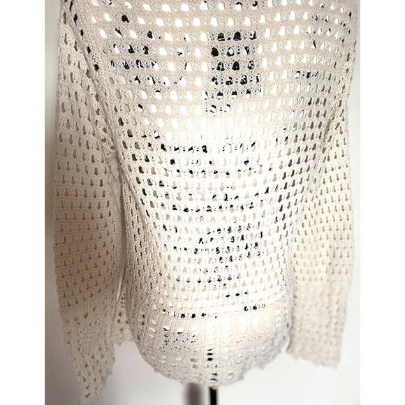 Women’s Jeanne Pierre Size Medium Oatmeal V-Neck Long Sleeve Open Knit Crochet - Picture 6 of 10